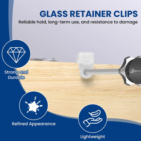 Premium Clear Glass Retainer Clips With Corrosion Proof Stainless Screws Twenty Five Pack on wood surface with screwdriver.