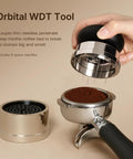 Ultimate Espresso Tamper Set For 58.4Mm Portafilters With Self Leveling Weight Orbital Wdt Tool, showing coffee bed needle tool.