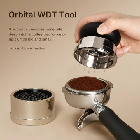 Ultimate Espresso Tamper Set For 58.4Mm Portafilters With Self Leveling Weight Orbital Wdt Tool, showing coffee bed needle tool.