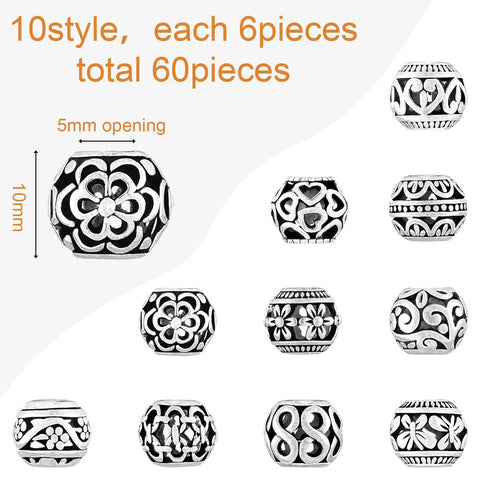 60 Pieces Dope Silver Tone Filigree Spacer Beads Set Hollow Tibetan Alloy Beads in 10 Styles 10 mm for DIY Jewelry Making