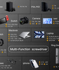 Multi-function screwdriver compatibility chart for electronics including Xbox, PS5, cameras, and laptops.