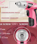 Straight Up Handy Compact Cordless Screwdriver With Forward Reverse Control For Quick Home Repairs And Furniture Setup Nifty Small Pink Power Tool With Ergo Grip Handle Storage Case showing LED light, ergonomic grip, and switch.