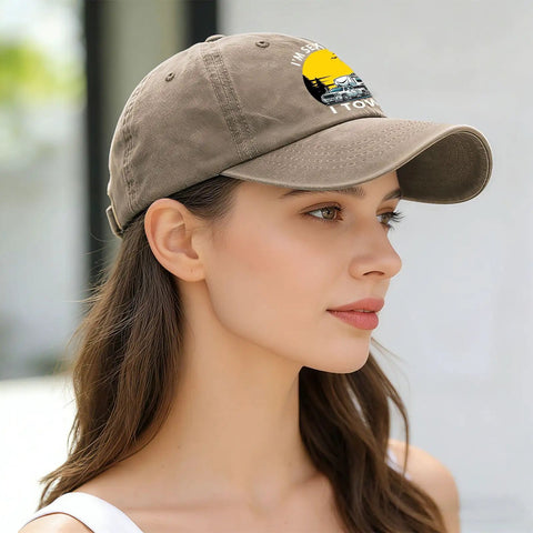 Woman wearing Funny Vintage RV Camping Hat For Men Tow It Style Cap in outdoor setting