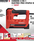 Corded Five In One Pro Grade Electric Staple And Nail Gun for Upholstery Framing Insulation shown in red with features labeled