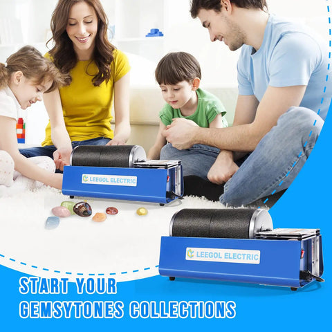 6Lb Dual Drum Rock Tumbler Kit With Walnut Shell Media Dope Easy To Use Rock Polisher For Beginners And Pros Double Drum Design Great For Kids And Adults Includes Belts And Instructions with family using tumbler.