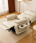 Luxurious Dual Motor Power Lift Recliner Chair For Seniors With Lumbar Heating And Massage Infinite Lay Flat Electric Lift Seat Plus USB C Ports And Foldable Tray Table Leather Reclining Furniture from above, showing adjustable recline and tray.
