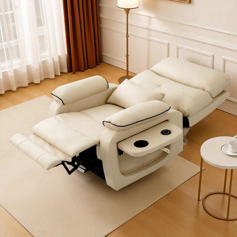 Luxurious Dual Motor Power Lift Recliner Chair For Seniors With Lumbar Heating And Massage Infinite Lay Flat Electric Lift Seat Plus USB C Ports And Foldable Tray Table Leather Reclining Furniture from above, showing adjustable recline and tray.