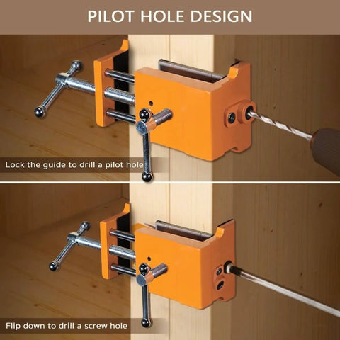 Beefy Pro Grade Cabinet Clamps For Precise Wood Joinery Alignment with built-in drilling guide on wood panel in use, orange