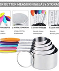 Magnetic Stainless Steel Measuring Cups And Spoons Set 12 Piece Kitchen Tool Bundle with colorful handles and clear markings.