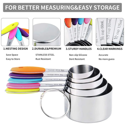 Magnetic Stainless Steel Measuring Cups And Spoons Set 12 Piece Kitchen Tool Bundle with colorful handles and clear markings.