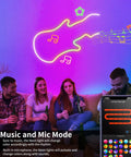 LED Neon Rope Light 9.8ft Flexible RGBIC Strip With Music Sync and DIY Design illuminating a room with music notes.