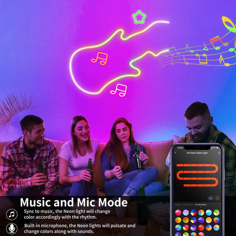 LED Neon Rope Light 9.8ft Flexible RGBIC Strip With Music Sync and DIY Design illuminating a room with music notes.