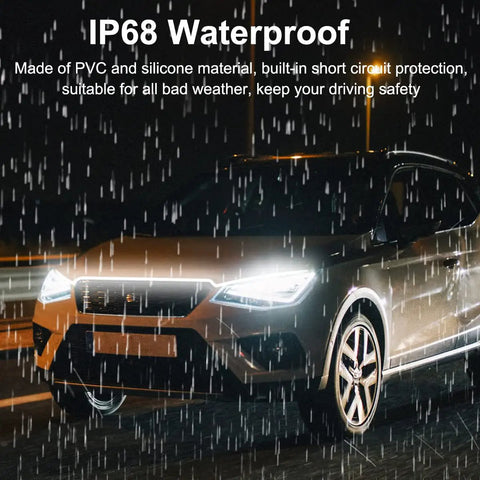 Dynamic Car Hood Light Strip For Cars And Trucks, Waterproof Exterior LED Light Bar glowing on vehicle in rain