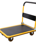 Heavy Duty Foldable Platform Push Cart With 660 Lb Capacity, Steel Construction And Swivel Casters For Smooth Mobility, Your Go To Haul Buddy For Warehouse, Garage Or Home Workshop, shown folded handle