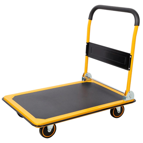 Heavy Duty Foldable Platform Push Cart With 660 Lb Capacity, Steel Construction And Swivel Casters For Smooth Mobility, Your Go To Haul Buddy For Warehouse, Garage Or Home Workshop, shown folded handle