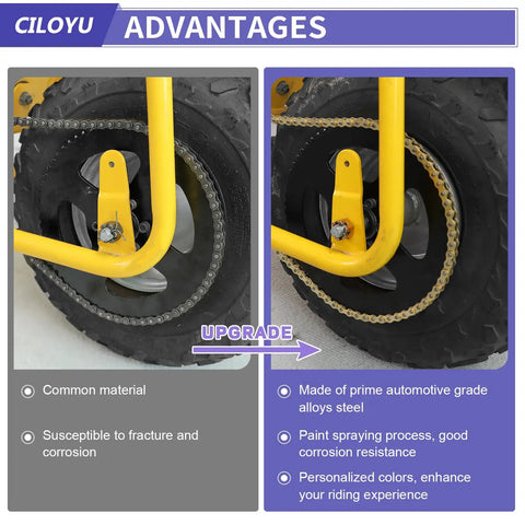 Comparison of go kart wheel with Go Kart Chain 95 Links Replacement Kit Beefed Up 3 Feet For Go Karts Mini Bikes Dirt Bikes