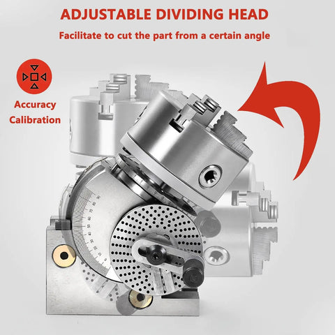 Heavy Duty Rock Solid Six Inch Cnc Rotary Table With Three Jaw Chuck And Dividing Head showing adjustable dividing head for accurate angles.