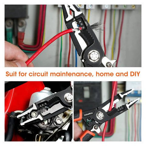 6 In 1 Wire Stripper And Crimping Tool With 8.5 Inch CR-V Steel Heavy Duty Electric Cable Cutter in use on red cables