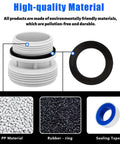 Close-up of 40Mm To 1-1/2 Inch Or 1-1/4 Inch Pool Hose Adapter Kit components, including PP material, rubber O-ring, and sealing tape.