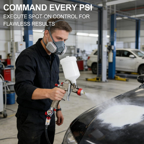Person using air compressor regulator and flow control valve with pressure gauge and oil water separator for spray gun painting