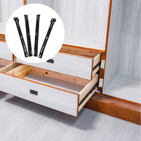 Open kitchen drawer showing stainless steel drawer slide rail replacement kit with back plate two part kitchen sliders