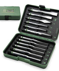 Open green case showing 12 Piece Punch And Chisel Set With Carrying Case For Metalworking Including Flat Chisels Center Punches Pin Punches And Conical Punch