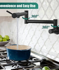 Wall Mount Pot Filler Faucet With Folding Double Arm Swing, 19 Inch Reach, Two Handles, Stainless Steel Matte Black, NPT 1/2 Inch Threads, Pro Grade Heavy Duty Kitchen Fixture For Easy Large Pot Filling