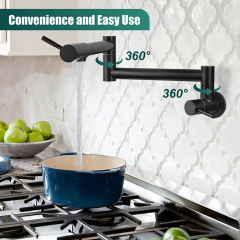 Wall Mount Pot Filler Faucet With Folding Double Arm Swing, 19 Inch Reach, Two Handles, Stainless Steel Matte Black, NPT 1/2 Inch Threads, Pro Grade Heavy Duty Kitchen Fixture For Easy Large Pot Filling