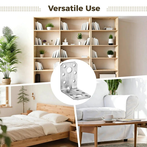 Heavy Duty Steel L Brackets 50 Pack 2.2 Inch Square Corner Mounts With Multi Hole Design For Shelves Furniture And Wood Projects Built Damn Tough To Lock Down Solid in a living space with shelving and furniture.