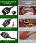 Comparison of silicone versus other camping utensils; highlights non-scratch, heat-resistant features of 14 Piece Campout Cookware Set.
