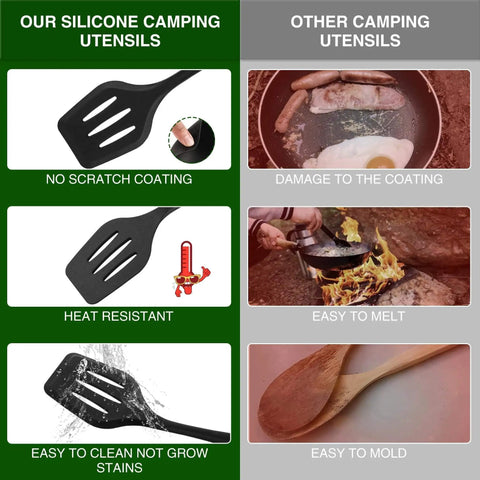 Comparison of silicone camping utensils and wooden options, highlighting no-scratch coating, heat resistance, and easy cleaning benefits.