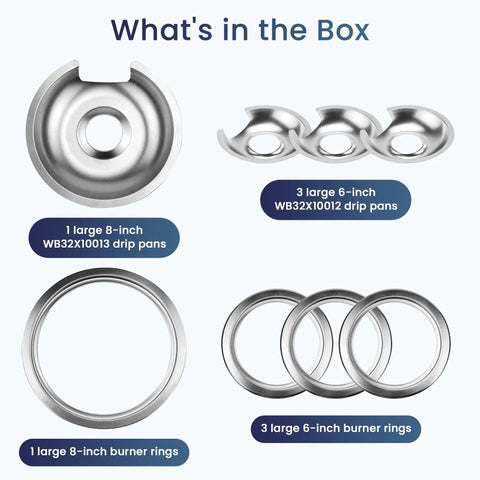 What's in the box: Chrome Electric Stove Burner Drip Pan Set Of 4 With Trim Rings, Includes One 8 Inch Large Pan And Three 6 Inch Small Pans