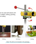 Heavy Duty Mini Bench Drill Press Electric Drill Stand With Anti Slip Handle Adjustable Height And 90 Degree Rotatable Chuck For Precision Woodworking And Metal Projects Featuring 60mm Depth Control shown in use for drilling, grinding, and cutting.