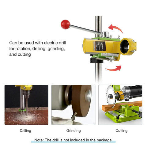 Heavy Duty Mini Bench Drill Press Electric Drill Stand With Anti Slip Handle Adjustable Height And 90 Degree Rotatable Chuck For Precision Woodworking And Metal Projects Featuring 60mm Depth Control shown in use for drilling, grinding, and cutting.
