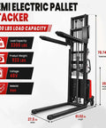 Heavy Duty Semi Electric Pallet Stacker With 3300 Lbs Load Capacity; dimensions; iron construction; functional design for warehouses.