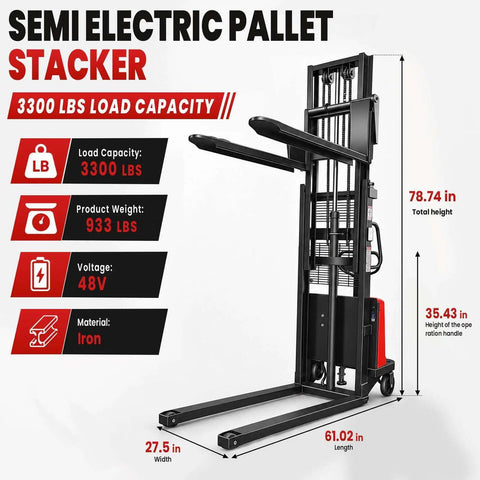 Heavy Duty Semi Electric Pallet Stacker With 3300 Lbs Load Capacity; dimensions; iron construction; functional design for warehouses.