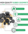 Pro Grade Rubber Grommets Kit For Automotive Wiring, 170 Pcs Assorted Sizes 0.25 Inch To 1 Inch, shown with feature icons