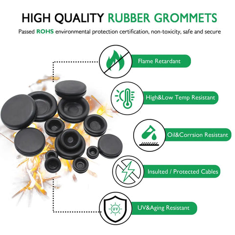Pro Grade Rubber Grommets Kit For Automotive Wiring, 170 Pcs Assorted Sizes 0.25 Inch To 1 Inch, shown with feature icons