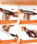 Dual Lock Safety Box Cutter With Retractable Blade, Hella Handy Package Opener For Quick Cuts, Includes Snap-Off Blades, Film Cutter And Tape Splitter For Warehouse And In-Store Cutting showing easy blade replacement