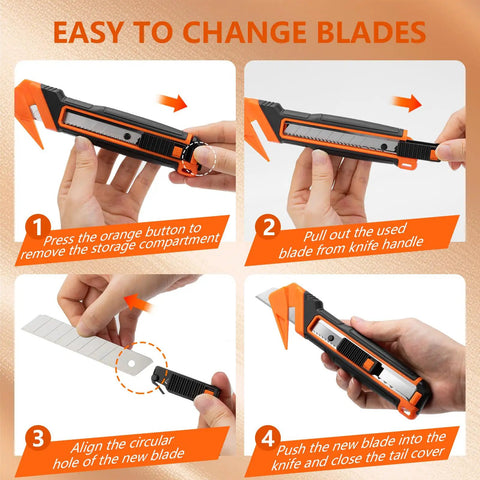 Dual Lock Safety Box Cutter With Retractable Blade, Hella Handy Package Opener For Quick Cuts, Includes Snap-Off Blades, Film Cutter And Tape Splitter For Warehouse And In-Store Cutting showing easy blade replacement