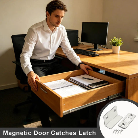 Man at desk using drawer with Ultra Thin Magnetic Door Catch 2 Pack No Drill Self Adhesive Invisible Cabinet Latch For Doors And Drawers Hidden Closet Magnet Closer Easy Install Strong Hold Keeps Cabinets Quiet And Closed.