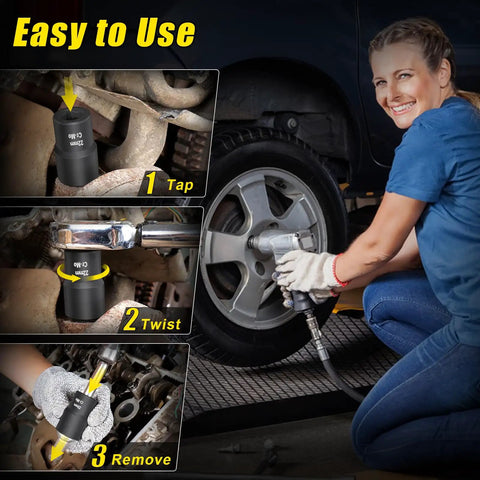 10 Piece Bolt Extractor Set For Damaged Or Rounded Bolts And Lug Nuts 1/2 Inch Drive Impact Wheel Lock Remover in use on a wheel