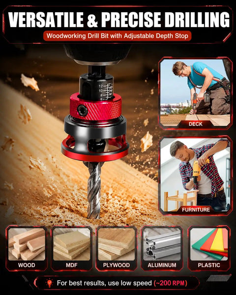 Hassle Free Premium Countersink Drill Bit Set With Adjustable Depth Stopper For Dead Nuts Flush Installs And Super Clean Woodworking Vibe Includes Versatile Nine Piece Quick Release Hex Shank Kit, close-up of depth stop detail.