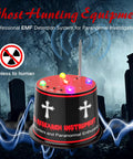 Next Gen Ghost Hunting Equipment With Auto Calibration EMF Detector And Temp Deviation Alerts Pro Grade Adjustable Five Sensitivity Levels, red handheld unit in cemetery