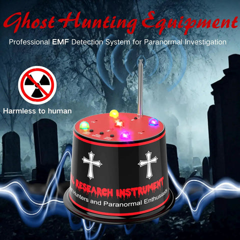 Next Gen Ghost Hunting Equipment With Auto Calibration EMF Detector And Temp Deviation Alerts Pro Grade Adjustable Five Sensitivity Levels, red handheld unit in cemetery