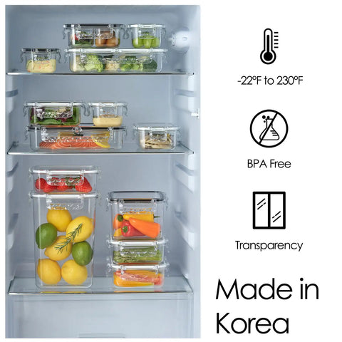 Fridge with various Airtight Food Storage Containers With Lid 13.5oz - Leak-Proof Baby Food Box, BPA-Free visible on shelves.