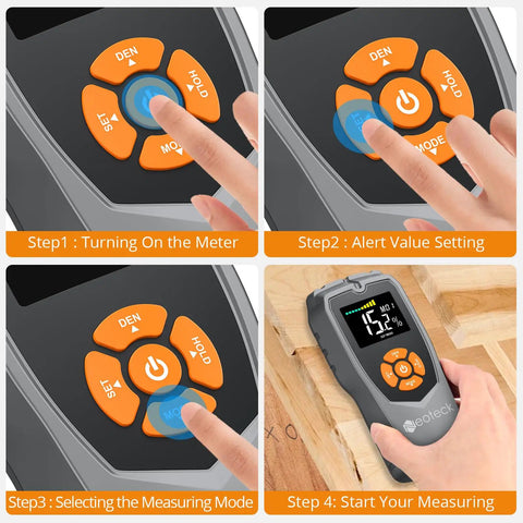 Step-by-step guide to using the Pinless Moisture Meter For Wood And Masonry, Non-Invasive Detector With LCD Display And Audible Alarm.