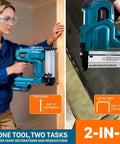 Cordless 2in1 Brad Nailer And Stapler, 18 Gauge Electric Power Tool, shown in use for woodworking projects.