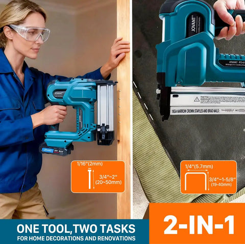 Cordless 2in1 Brad Nailer And Stapler, 18 Gauge Electric Power Tool, shown in use for woodworking projects.