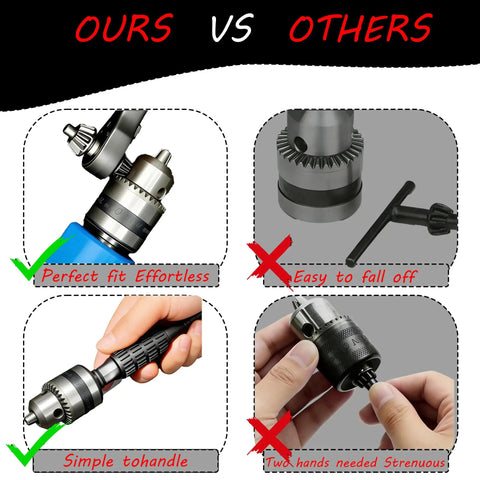Comparison of Universal Magnetic Ratcheting Drill Chuck Key Three In One showing effortless use vs. difficult alternatives.